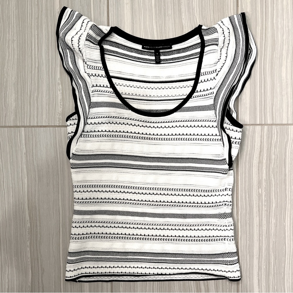 White House Black Market flutter sleeve top pointelle stripe black white sz S - Picture 2 of 5
